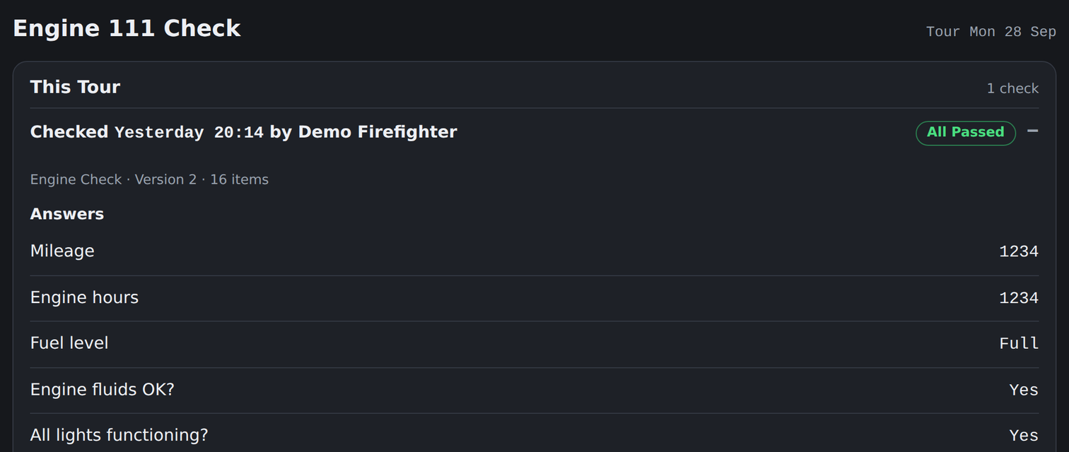 Duty Day Engine 111 check for the Sanctuary Hills FD demo department: checked by Demo Firefighter, all items passed, Engine Check version 2 with 16 items, and the first answers
