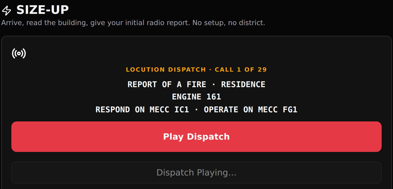 Know Your District Size-Up screen: a dispatch reads out, then the drill begins