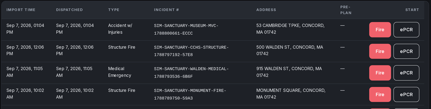Signal Reports calls list for the Sanctuary Hills FD demo tenant: each WatchDesk run with its dispatch time, type, incident number, address, and Fire / ePCR start buttons
